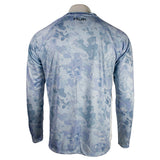 Back of a light blue long-sleeve shirt with a black huk logo under the collar.
