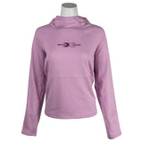 A light pink women's hoodie is displayed on a mannequin from the front. In the center of the chest is a printed on xpress boats logo in a darker pink.