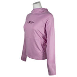 A ladies pink Huk hoodie is displayed from the side. A large kangaroo pocket is visible in the front. 