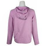 A ladies light pink hoodie is displayed from the back. 