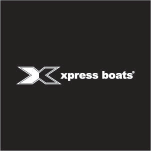 White xpress Boats logo decal on a black background.
