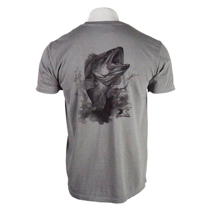 Gray T-shirt featuring a black water color graphic design of a fish on the back.