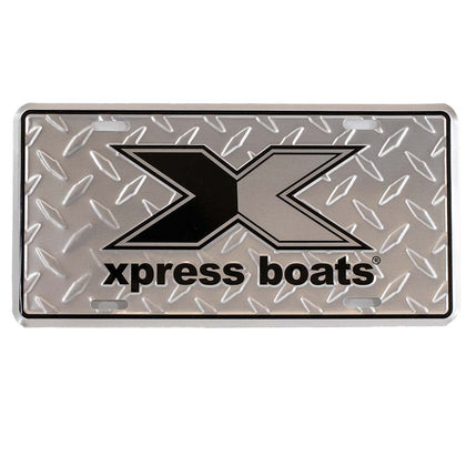 Metal license plate with the Xpress Boats logo in black and a black border. 