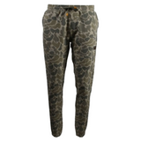 Camouflage-patterned jogger sweatpants on a white background.