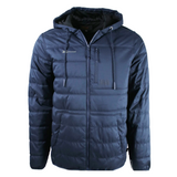Dark blue puffer jacket with hoodie drawstrings and an xpress logo on the right chest.