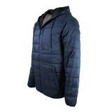 Side of a dark blue puffer jacket with hoodie drawstrings and an xpress logo on the right chest.