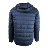 Back of a dark blue puffer jacket.
