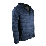 Blue puffer jacket with drawstrings and hand pockets.