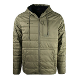 Green puffer jacket with hoodie drawstrings and an xpress logo on the right chest.