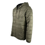 Side of a green puffer jacket with hoodie drawstrings and an xpress logo on the right chest.