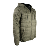 Green puffer jacket with hoodie drawstrings and hand pockets.