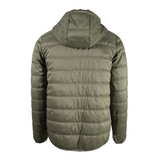 back of a green puffer jacket with a hood on a white background.