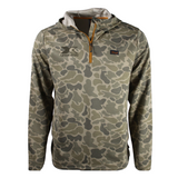 A green camo quarter zip with an embroidered xpress logo on the right chest.