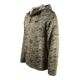 Side of a green camo quarter zip hoodie.