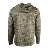 Back of a camouflage-patterned hoodie on a white background.