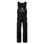 Black bib overalls with Xpress Boats logo on the back in white and red. 