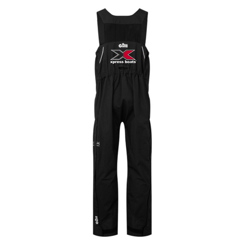Black bib overalls with Xpress Boats logo on the back in white and red. 