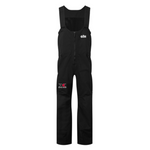 Black bib overalls with a white bib logo on the left chest and a black and red xpress logo on the right knee. 