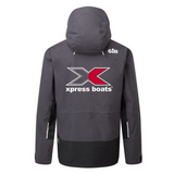 Gray jacket with Xpress Boats logo on the back in red and white.