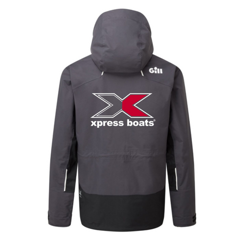 Gray jacket with Xpress Boats logo on the back in red and white.