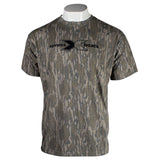 Front of a brown tree camo t-shirt with a black xpress logo on the chest.