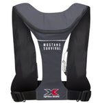 Back of a grey and black inflatable life vest with the xpress logo in white and red on the bottom edge.