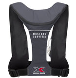 Back of a grey and black inflatable life vest with the xpress logo in white and red on the bottom edge.