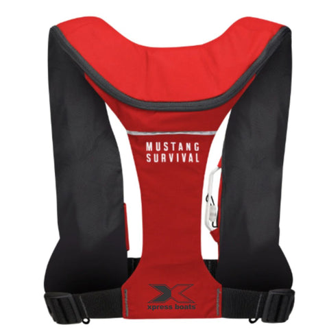 Back of a red and black inflatable life vest with the xpress logo in black on the bottom edge.