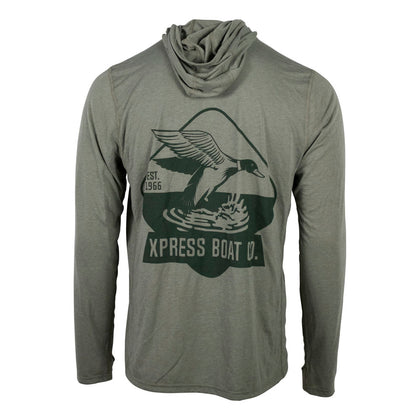 Olive green long-sleeve hooded shirt with a green graphic of a duck and the text 'XPRESS BOAT CO.'