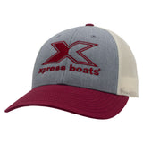 A heather gray and maroon trucker cap with cream mesh back panels. The front features a large maroon embroidered 'X' logo and the text 'xpress boats'.