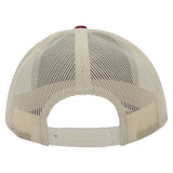 The cream-colored back mesh panels of a trucker hat with a snapback closure.