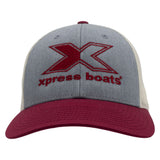 A heather gray and maroon trucker cap with a large maroon embroidered 'X' logo and the text 'xpress boats' on the front.