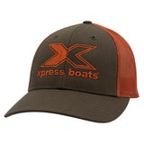 A brown and burnt orange trucker cap with orange mesh back panels. The front features a large orange embroidered 'X' logo and the text 'xpress boats'.