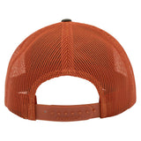 The orange-colored back mesh panels of a trucker hat with a snapback closure.