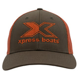 A brownish-grey and orange trucker cap with a large orange embroidered 'X' logo and the text 'xpress boats' on the front.