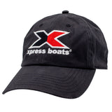 Black cloth cap with a large xpress boats logo on the front.