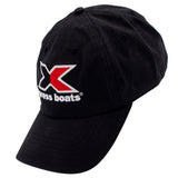 Side of a black baseball cap featuring an embroidered logo on the front with a red and white 'X' and the words 'xpress boats' in white, shown against a plain white background.