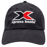 A black baseball cap featuring a large embroidered 'X' logo split vertically in black and red, with 'xpress boats' embroidered in white below it, on a plain white background.