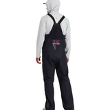 Back of black bib overalls with suspender straps and an xpress logo on the lower back.