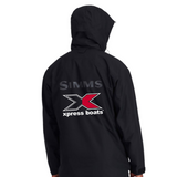 Back of a black fishing jacket with simms logo and a black and red xpress logo.
