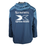 Blue hooded fishing jacket with white Simms and xpress boats logos across the back.