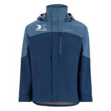 Blue fishing jacket with simms and xpress logos on the chest. 