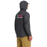 A man wearing a grey rain jacket with the hood up from behind, showing the xpress logo in red and white across the shoulder blades. 