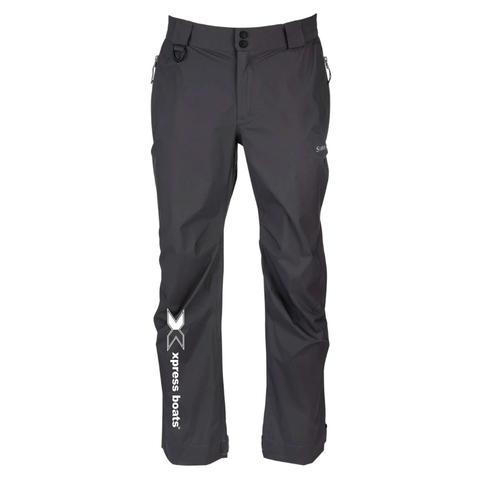 Dark grey rain pants with a white xpress boats logo on the right shin. 