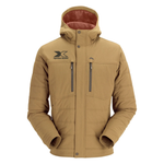 Tan rain jacket with zippered chest pockets and a black xpress boats logo on the right chest. 