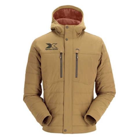Tan rain jacket with zippered chest pockets and a black xpress boats logo on the right chest. 