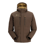 Dark brown rain jacket with zippered chest pockets and a black xpress boats logo on the right chest. 