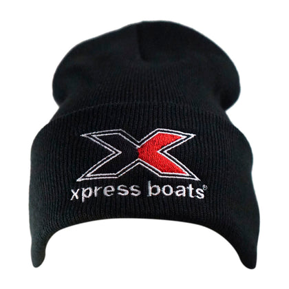 Black cuffed beanie hat with a red and white 'Xpress Boats' logo on the front. 