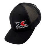Side of a black cap with red and white Xpress Boats logo on the left front panel.