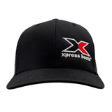 Front of a black cap with red and white Xpress Boats logo on the left front panel.